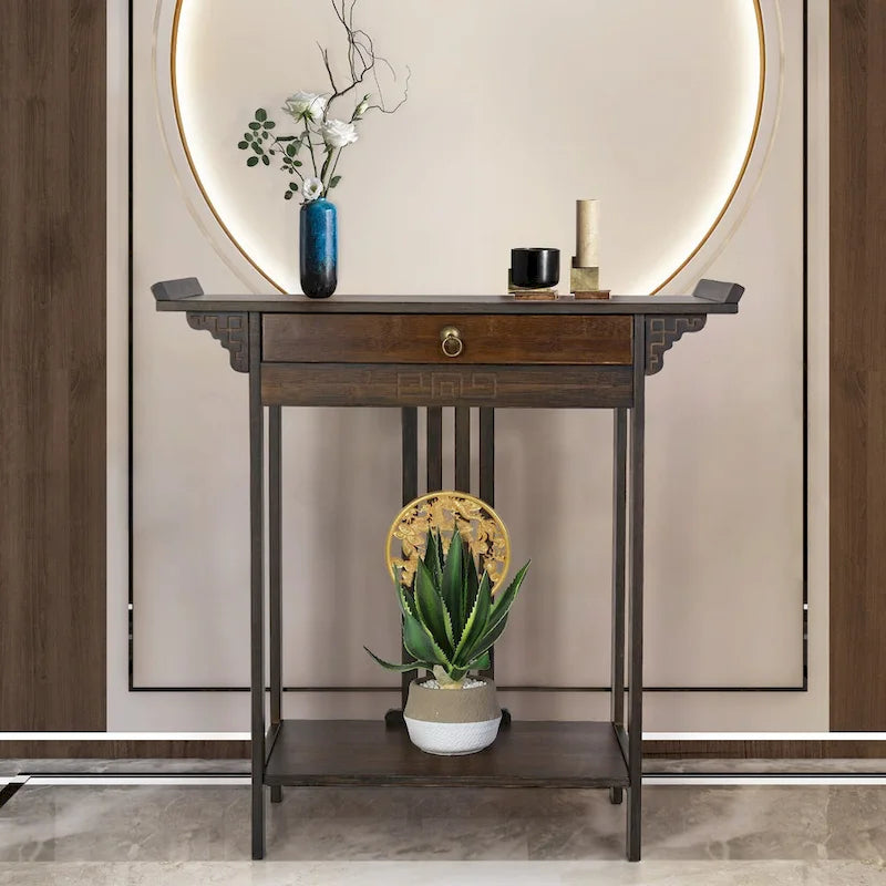 Console d'entrée dragon relief doré avec tiroir et étagère inférieure – 32,09x12,6x32,28