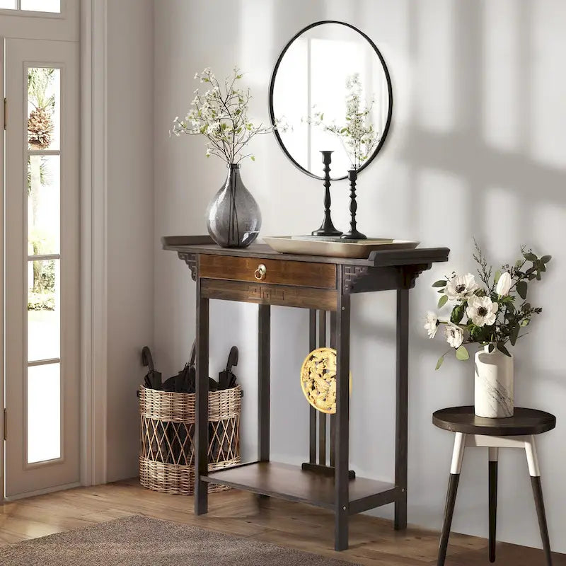 Console d'entrée dragon relief doré avec tiroir et étagère inférieure – 32,09x12,6x32,28