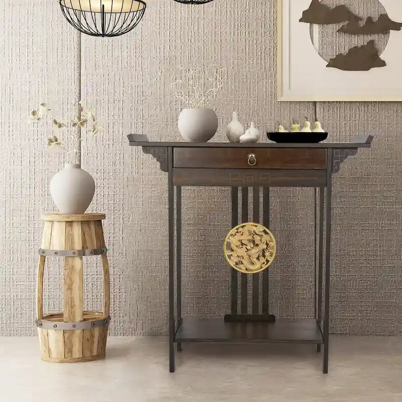 Console d'entrée dragon relief doré avec tiroir et étagère inférieure – 32,09x12,6x32,28