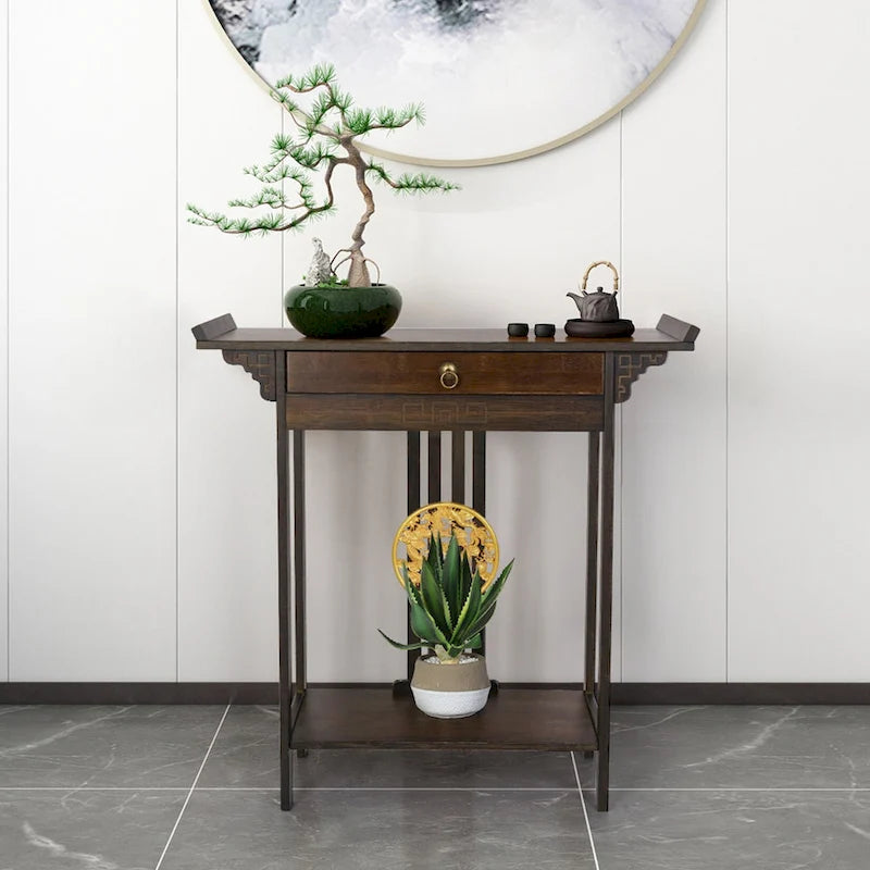 Console d'entrée dragon relief doré avec tiroir et étagère inférieure – 32,09x12,6x32,28