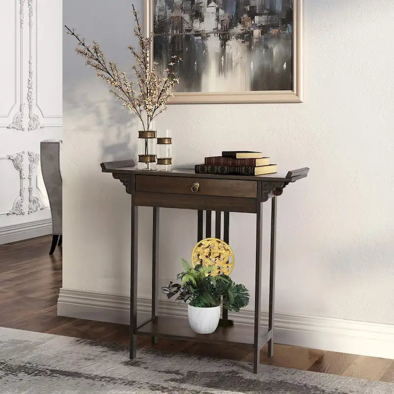Console d'entrée dragon relief doré avec tiroir et étagère inférieure – 32,09x12,6x32,28