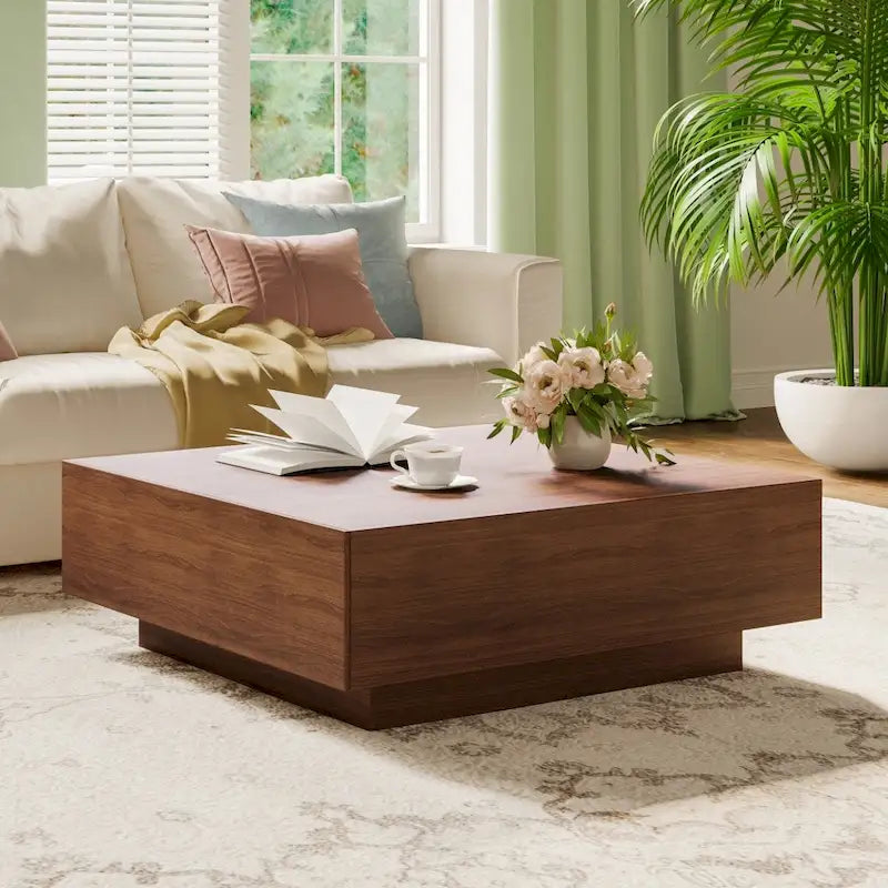 Table basse moderne du milieu du siècle, Table basse minimaliste en placage de bois avec rangement pour salon, Entièrement assemblée