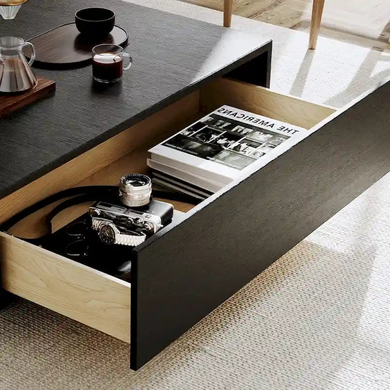 Table basse moderne du milieu du siècle, Table basse minimaliste en placage de bois avec rangement pour salon, Entièrement assemblée