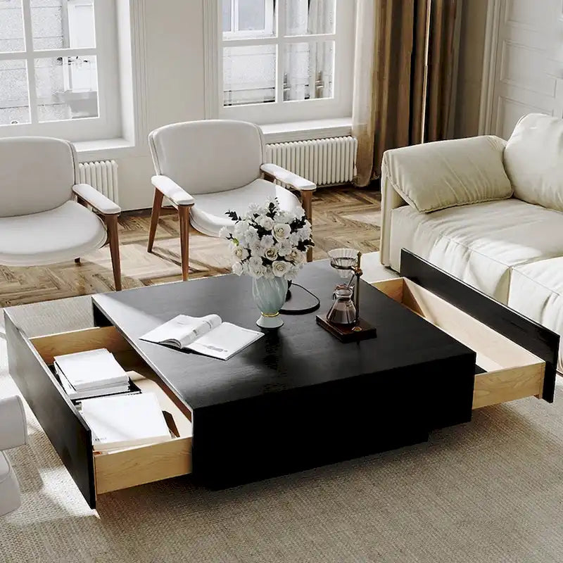 Table basse moderne du milieu du siècle, Table basse minimaliste en placage de bois avec rangement pour salon, Entièrement assemblée