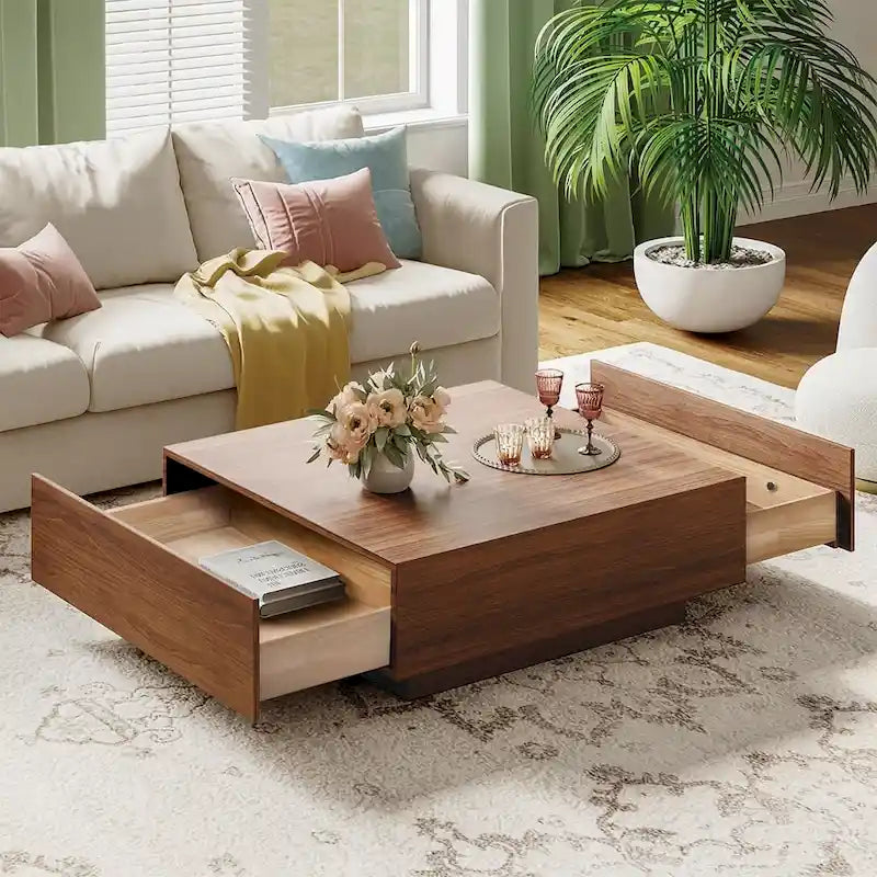 Table basse moderne du milieu du siècle, Table basse minimaliste en placage de bois avec rangement pour salon, Entièrement assemblée