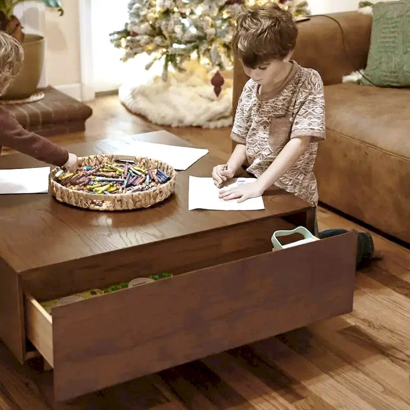 Table basse moderne du milieu du siècle, Table basse minimaliste en placage de bois avec rangement pour salon, Entièrement assemblée