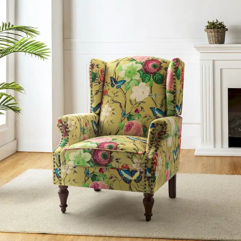Fauteuil à oreilles traditionnel avec pieds en bois massif