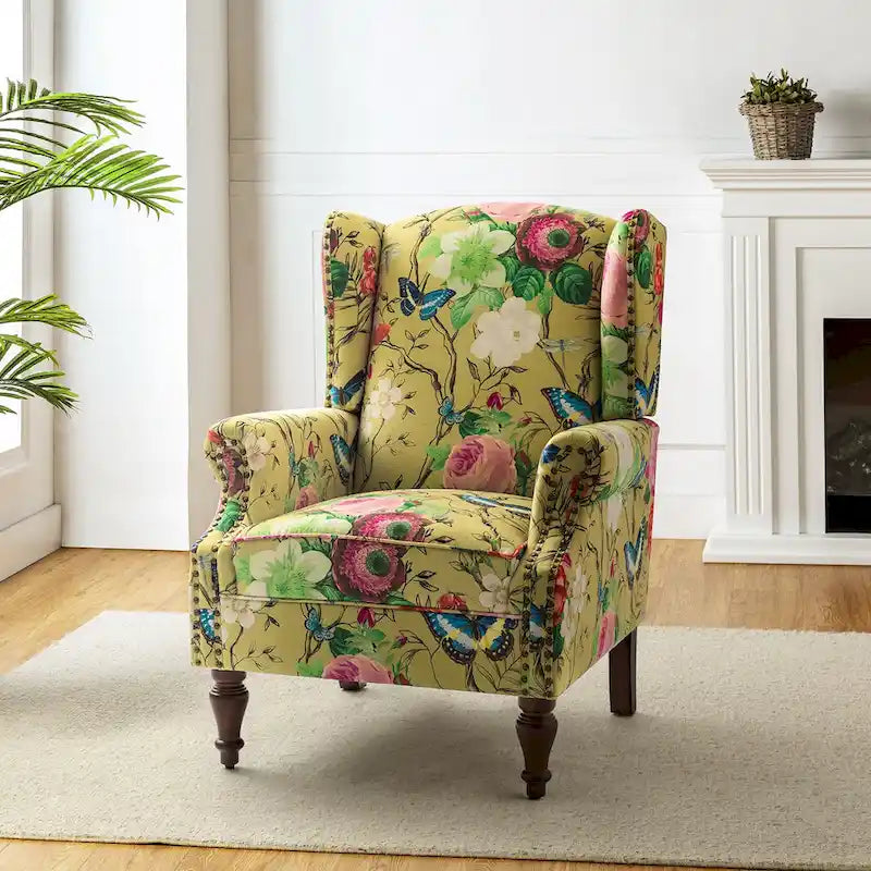 Fauteuil à oreilles traditionnel avec pieds en bois massif