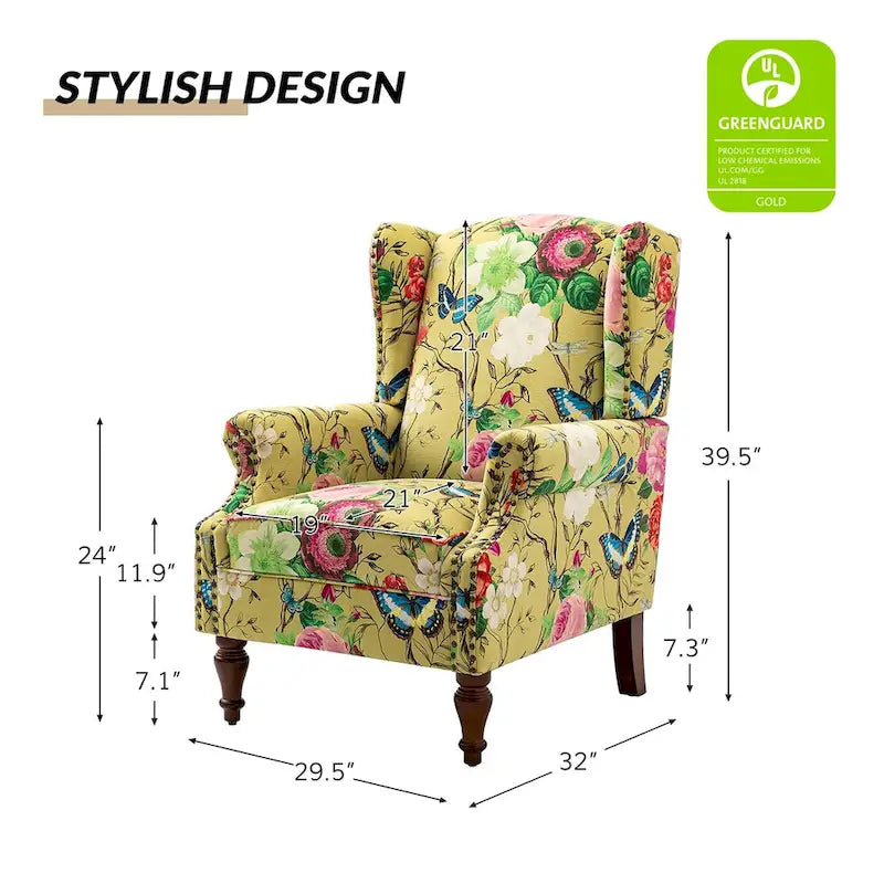 Fauteuil à oreilles traditionnel avec pieds en bois massif
