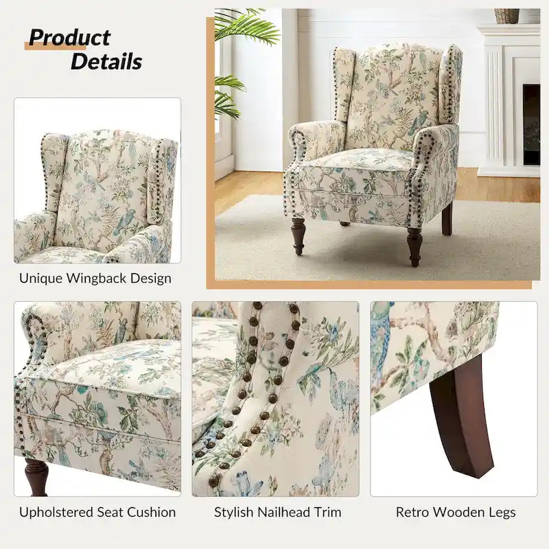 Fauteuil à oreilles traditionnel avec pieds en bois massif
