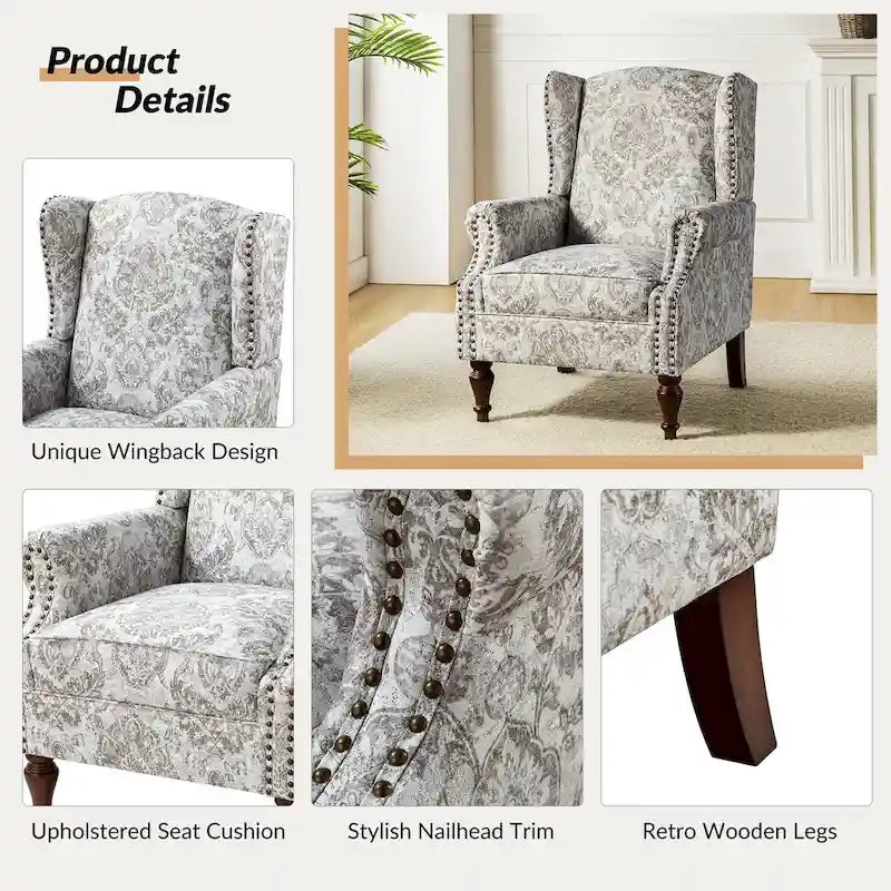 Fauteuil à oreilles traditionnel avec pieds en bois massif