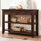 Mid-Century Style Console Sofa Table Solid Wood Buffet Sideboard with 2 Storage Drawers and 2 Tiers Shelves