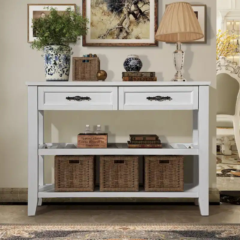 Console en bois massif de style Mid-Century avec 2 tiroirs de rangement et 2 étagères