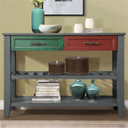 Console en bois massif de style Mid-Century avec 2 tiroirs de rangement et 2 étagères