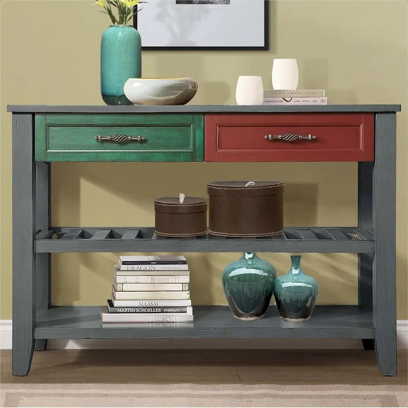 Console en bois massif de style Mid-Century avec 2 tiroirs de rangement et 2 étagères