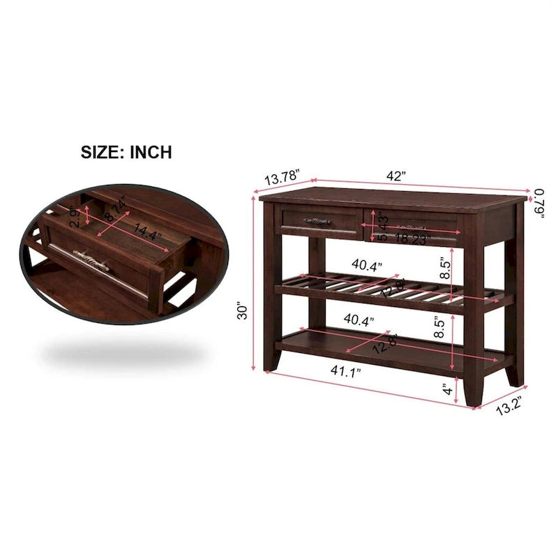 Console en bois massif de style Mid-Century avec 2 tiroirs de rangement et 2 étagères