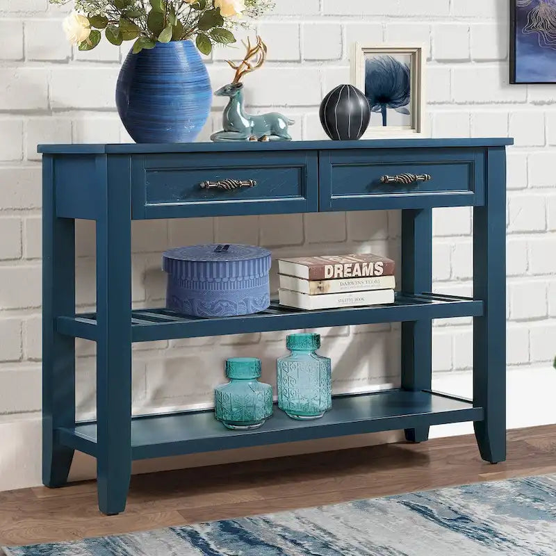 Console en bois massif de style Mid-Century avec 2 tiroirs de rangement et 2 étagères