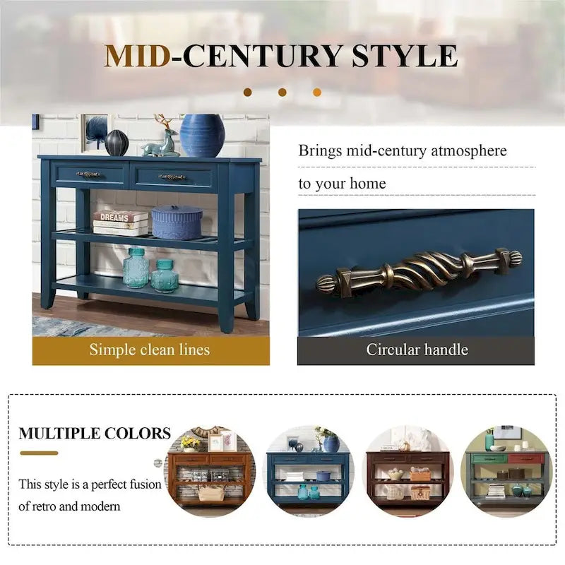 Console en bois massif de style Mid-Century avec 2 tiroirs de rangement et 2 étagères