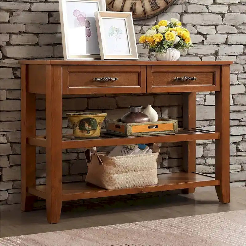 Console en bois massif de style Mid-Century avec 2 tiroirs de rangement et 2 étagères