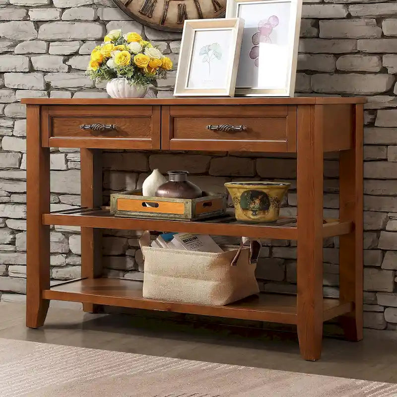 Console en bois massif de style Mid-Century avec 2 tiroirs de rangement et 2 étagères