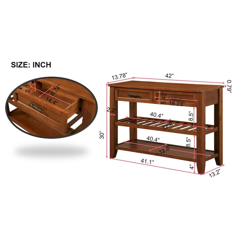 Console en bois massif de style Mid-Century avec 2 tiroirs de rangement et 2 étagères