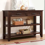 Console en bois massif de style Mid-Century avec 2 tiroirs de rangement et 2 étagères