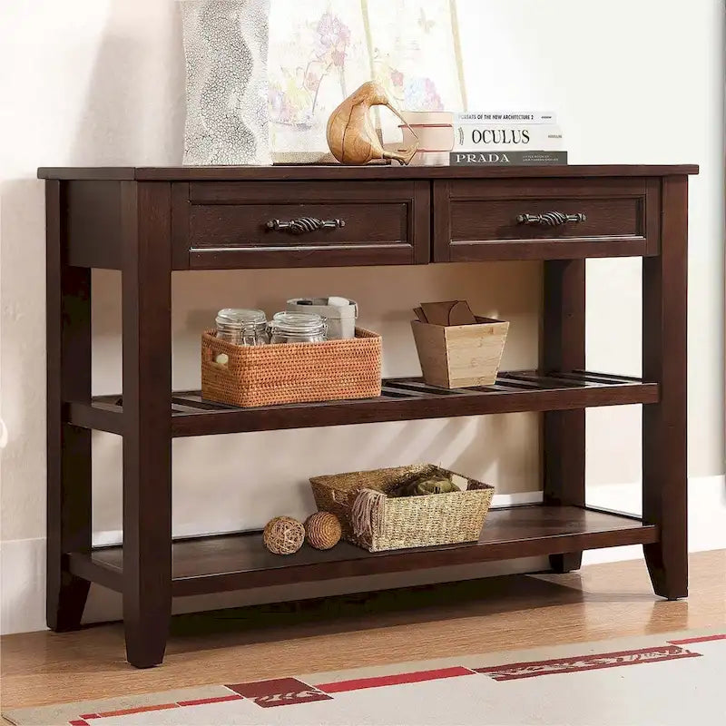 Console en bois massif de style Mid-Century avec 2 tiroirs de rangement et 2 étagères