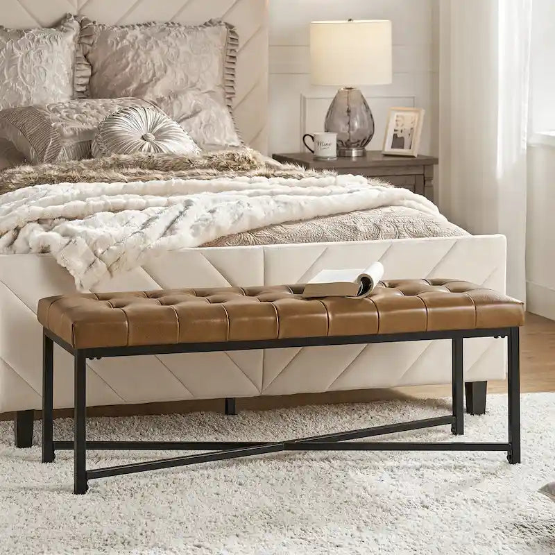 Banc de 50,5 en cuir véritable capitonné avec pieds en métal