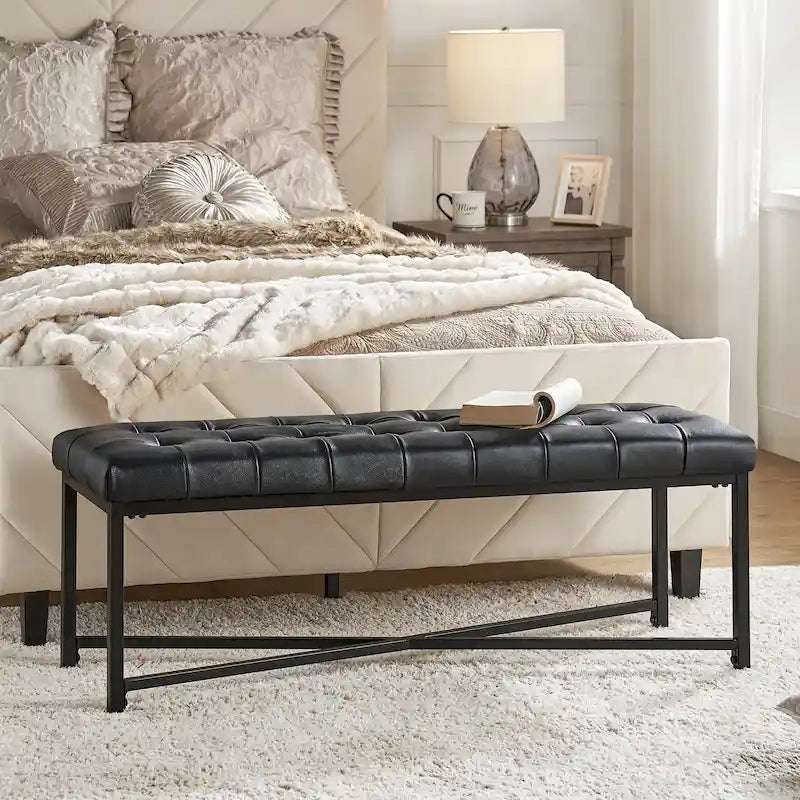 Banc de 50,5 en cuir véritable capitonné avec pieds en métal