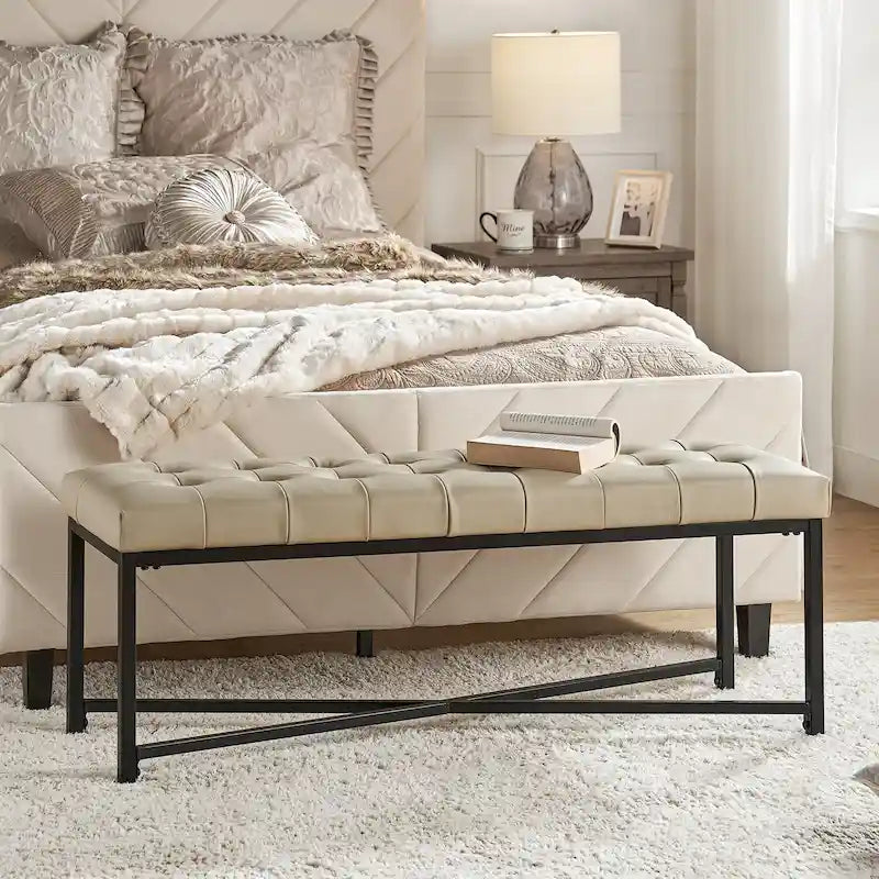 Banc de 50,5 en cuir véritable capitonné avec pieds en métal