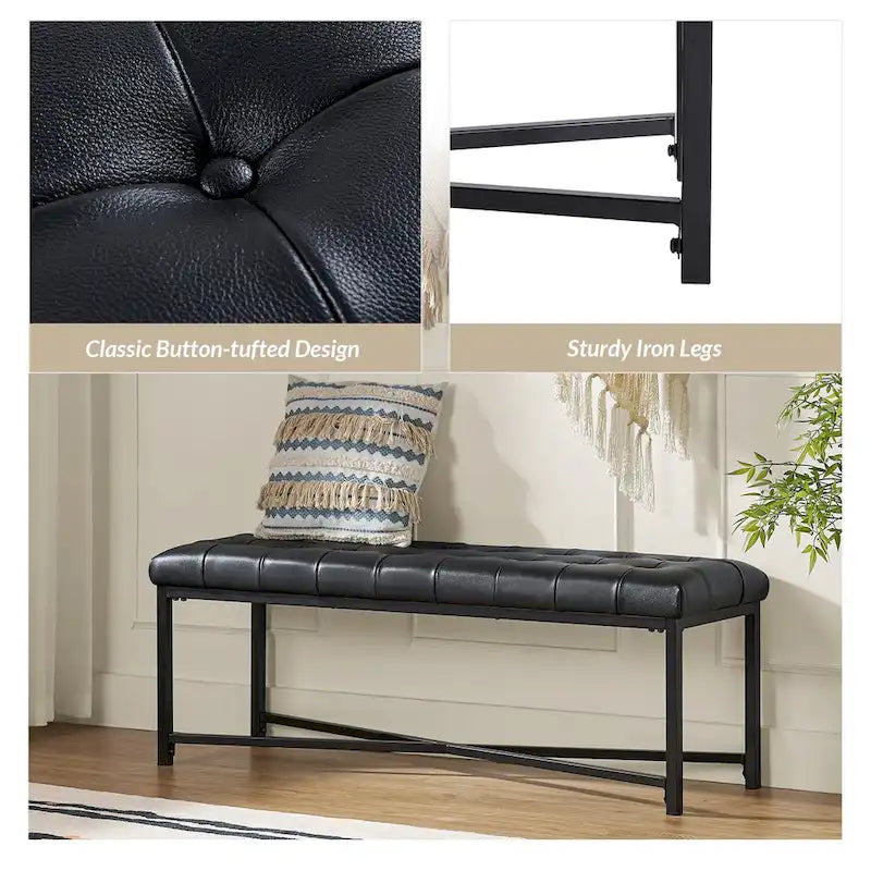 Banc de 50,5 en cuir véritable capitonné avec pieds en métal