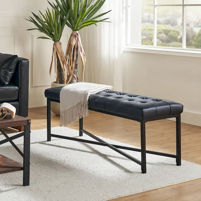 Banc de 50,5 en cuir véritable capitonné avec pieds en métal