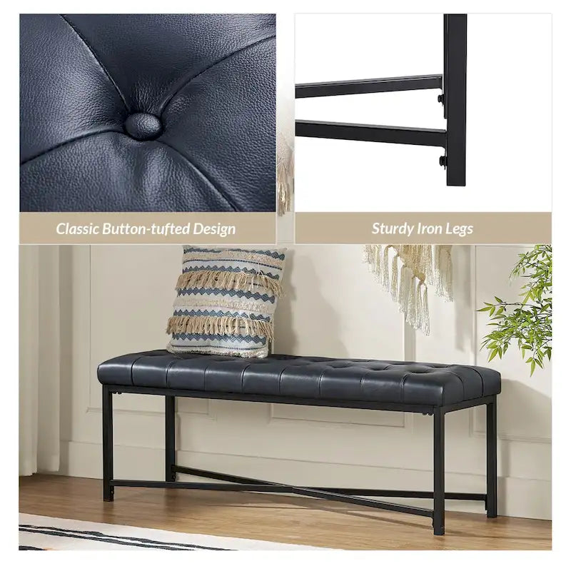 Banc de 50,5 en cuir véritable capitonné avec pieds en métal
