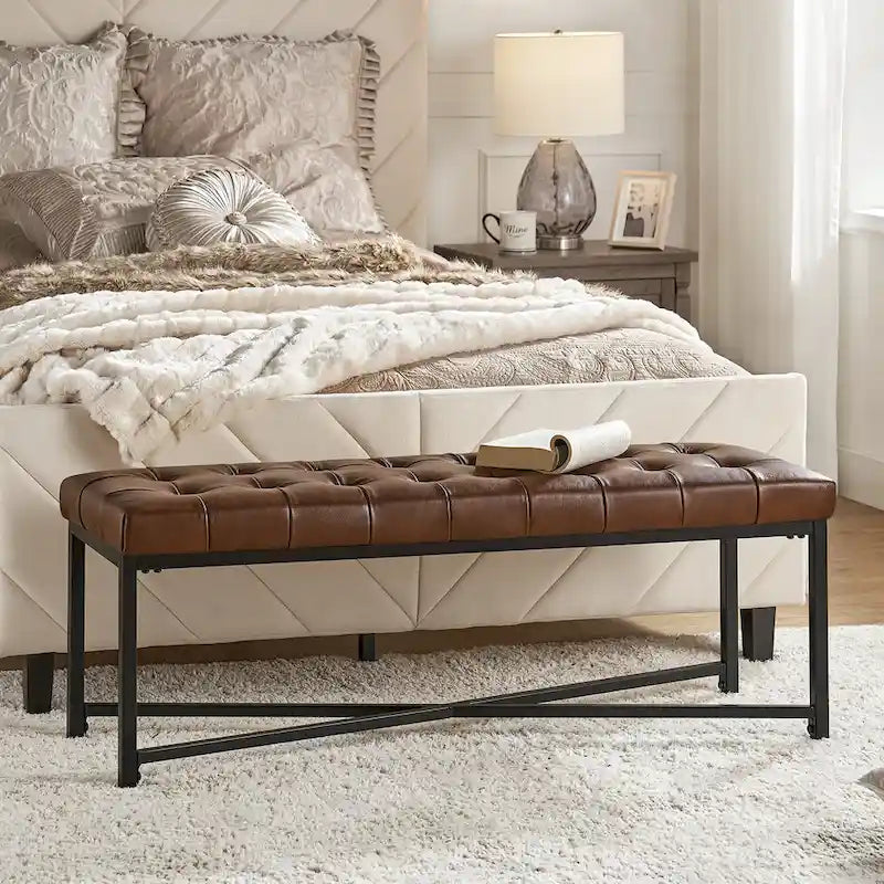 Banc de 50,5 en cuir véritable capitonné avec pieds en métal