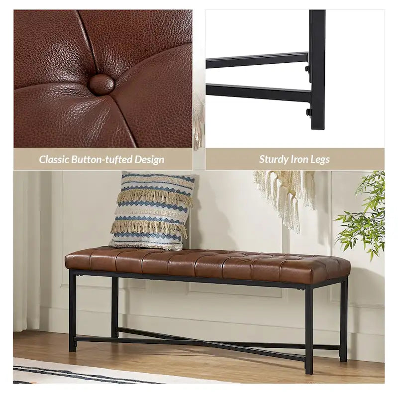 Banc de 50,5 en cuir véritable capitonné avec pieds en métal