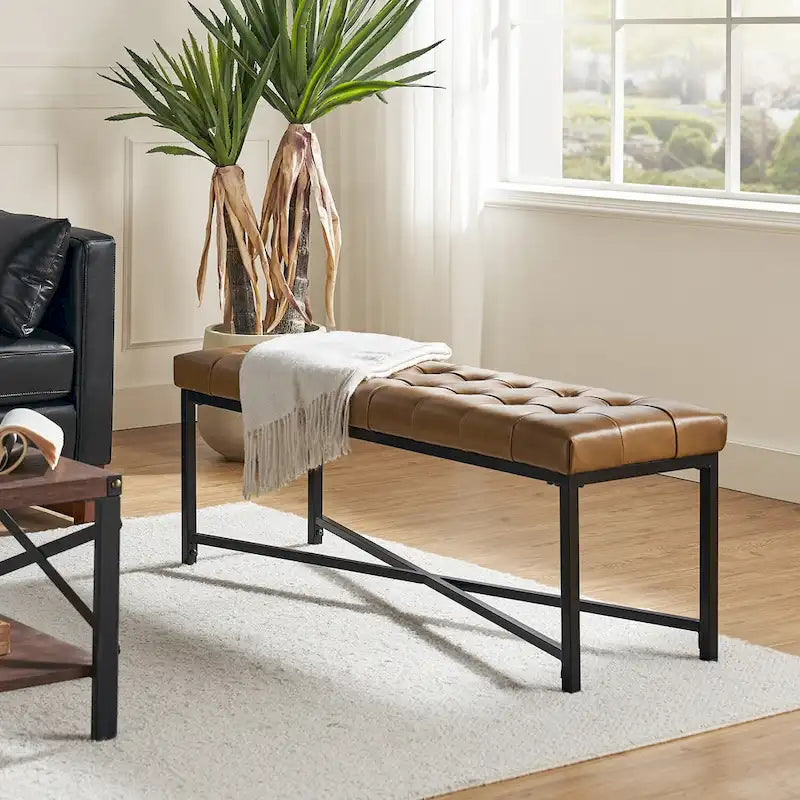 Banc de 50,5 en cuir véritable capitonné avec pieds en métal