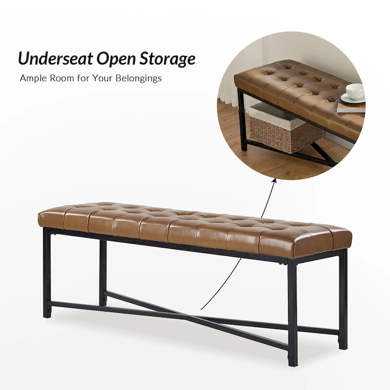 Banc de 50,5 en cuir véritable capitonné avec pieds en métal