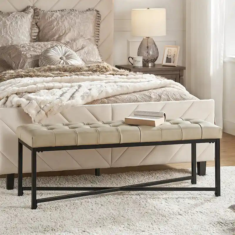 Banc de 50,5 en cuir véritable capitonné avec pieds en métal