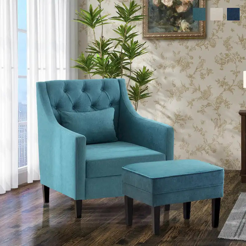 Fauteuil club confortable avec pouf et oreiller