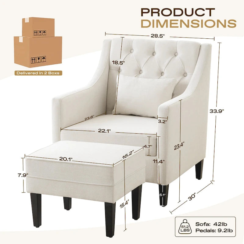 Fauteuil club confortable avec pouf et oreiller