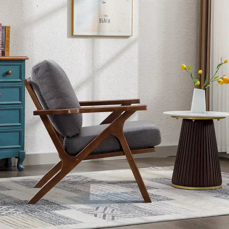 Fauteuil d'appoint en cuir rembourré avec cadre en bois massif et coussins amovibles