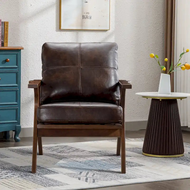 Fauteuil d'appoint en cuir rembourré avec cadre en bois massif et coussins amovibles