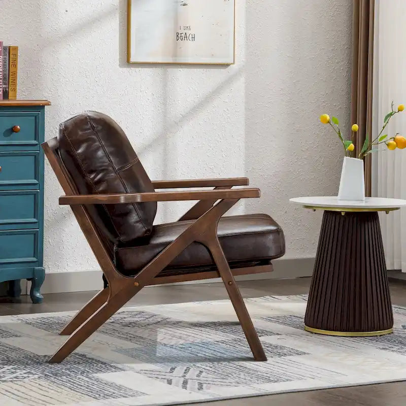 Fauteuil d'appoint en cuir rembourré avec cadre en bois massif et coussins amovibles