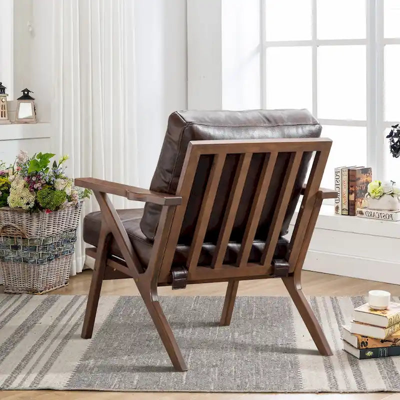 Fauteuil d'appoint en cuir rembourré avec cadre en bois massif et coussins amovibles