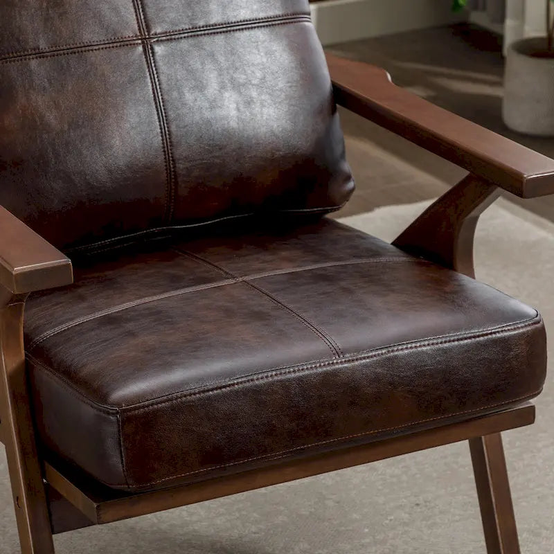 Fauteuil d'appoint en cuir rembourré avec cadre en bois massif et coussins amovibles