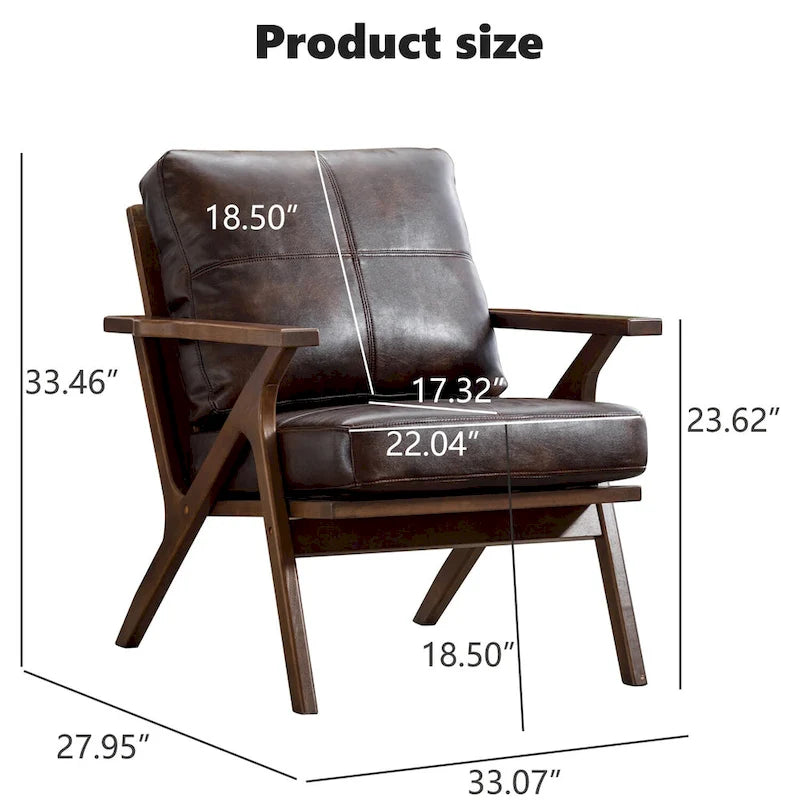 Fauteuil d'appoint en cuir rembourré avec cadre en bois massif et coussins amovibles