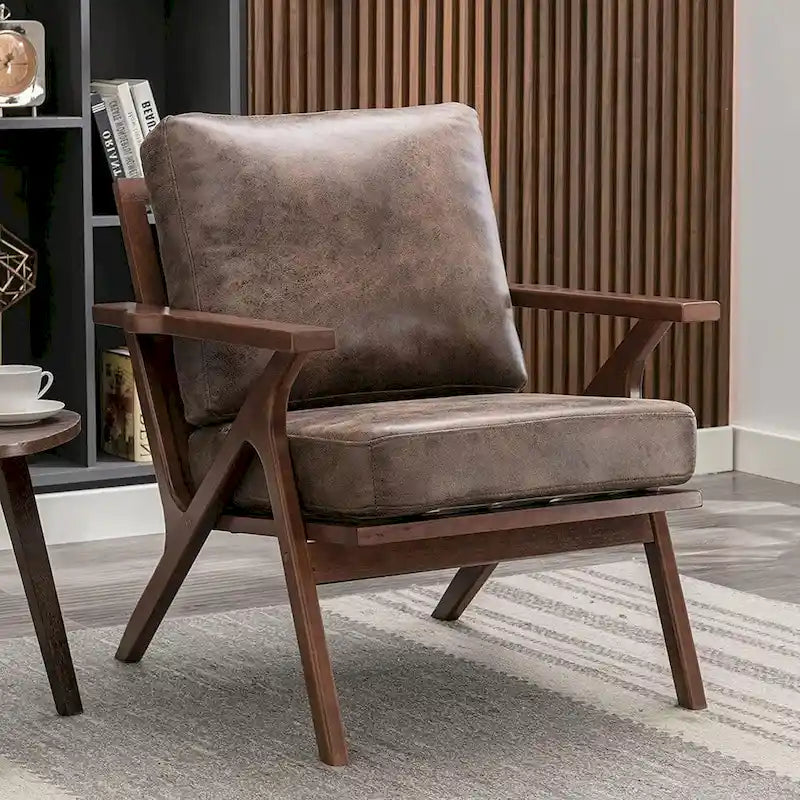Fauteuil d'appoint en cuir rembourré avec cadre en bois massif et coussins amovibles