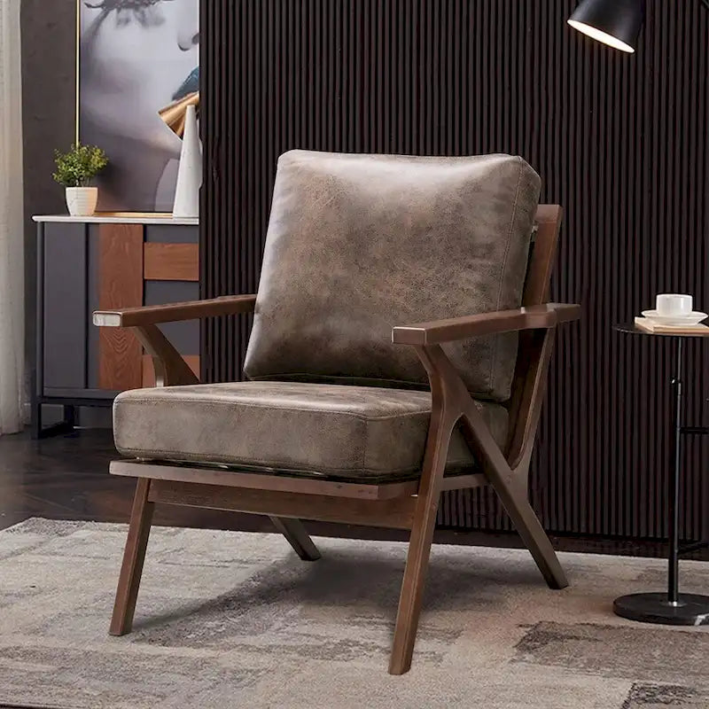 Fauteuil d'appoint en cuir rembourré avec cadre en bois massif et coussins amovibles