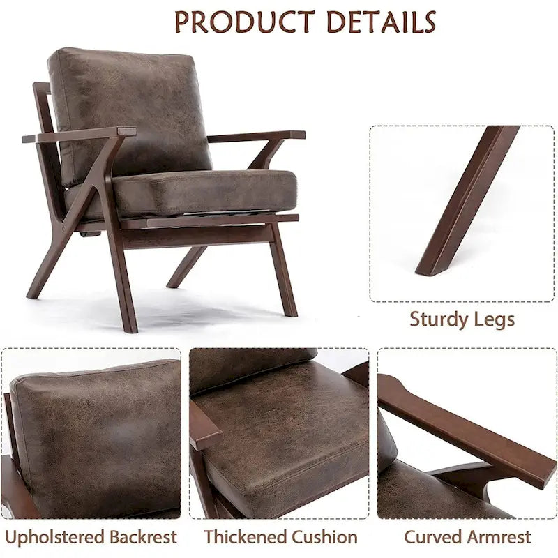 Fauteuil d'appoint en cuir rembourré avec cadre en bois massif et coussins amovibles