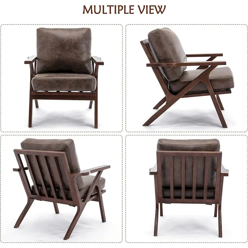 Fauteuil d'appoint en cuir rembourré avec cadre en bois massif et coussins amovibles